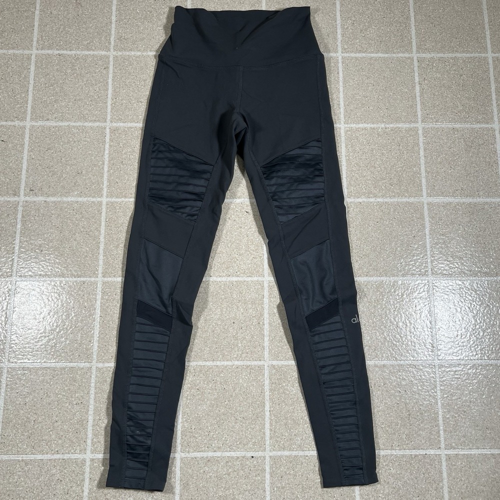 ALO Yoga Moto Size S Leggings Gray Ribbed Panels High Waist Athletic Activewear